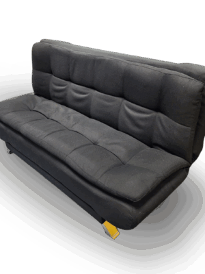 Charcoal-grey Everest Urban Luxe Sleeper Couch with tufted backrest and smooth cushions, displayed in a showroom among other modern sofas.