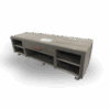 Modern grey wood TV stand with open shelving, center drawer, and metallic legs.