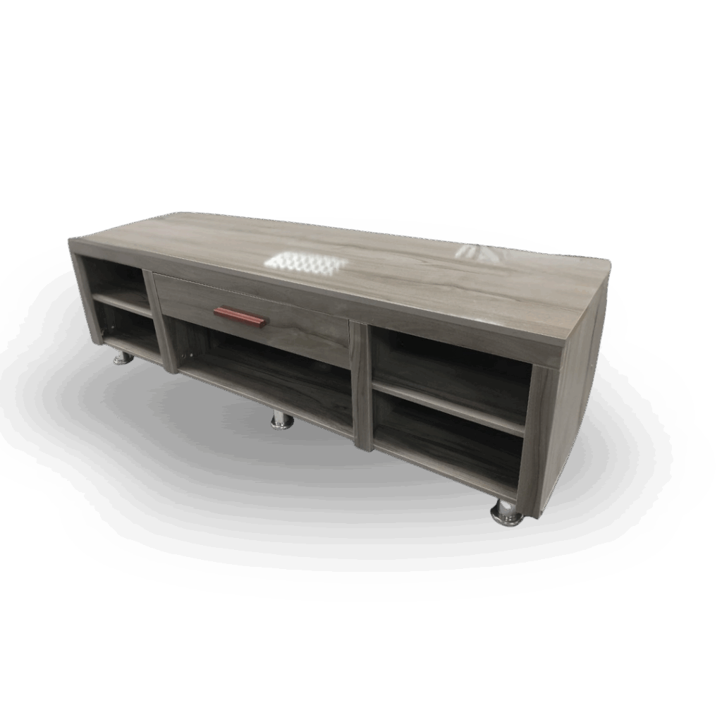 Modern grey wood TV stand with open shelving, center drawer, and metallic legs.