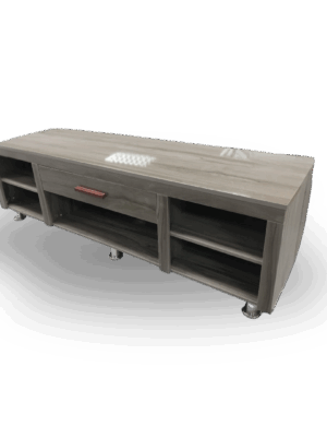 Modern grey wood TV stand with open shelving, center drawer, and metallic legs.