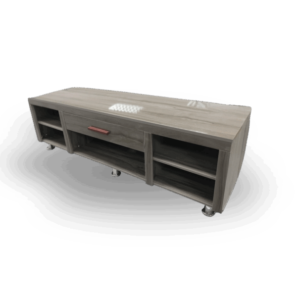 Modern grey wood TV stand with open shelving, center drawer, and metallic legs.