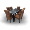 Six-seater dining set with a sleek black rectangular table and cushioned brown suede-style chairs.