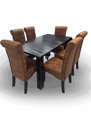 Six-seater dining set with a sleek black rectangular table and cushioned brown suede-style chairs.