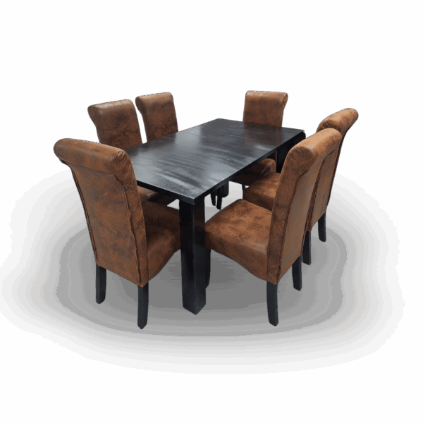 Six-seater dining set with a sleek black rectangular table and cushioned brown suede-style chairs.