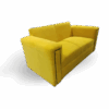 Bright yellow two-seater sofa with smooth velvet upholstery and black stud detailing along the arms.