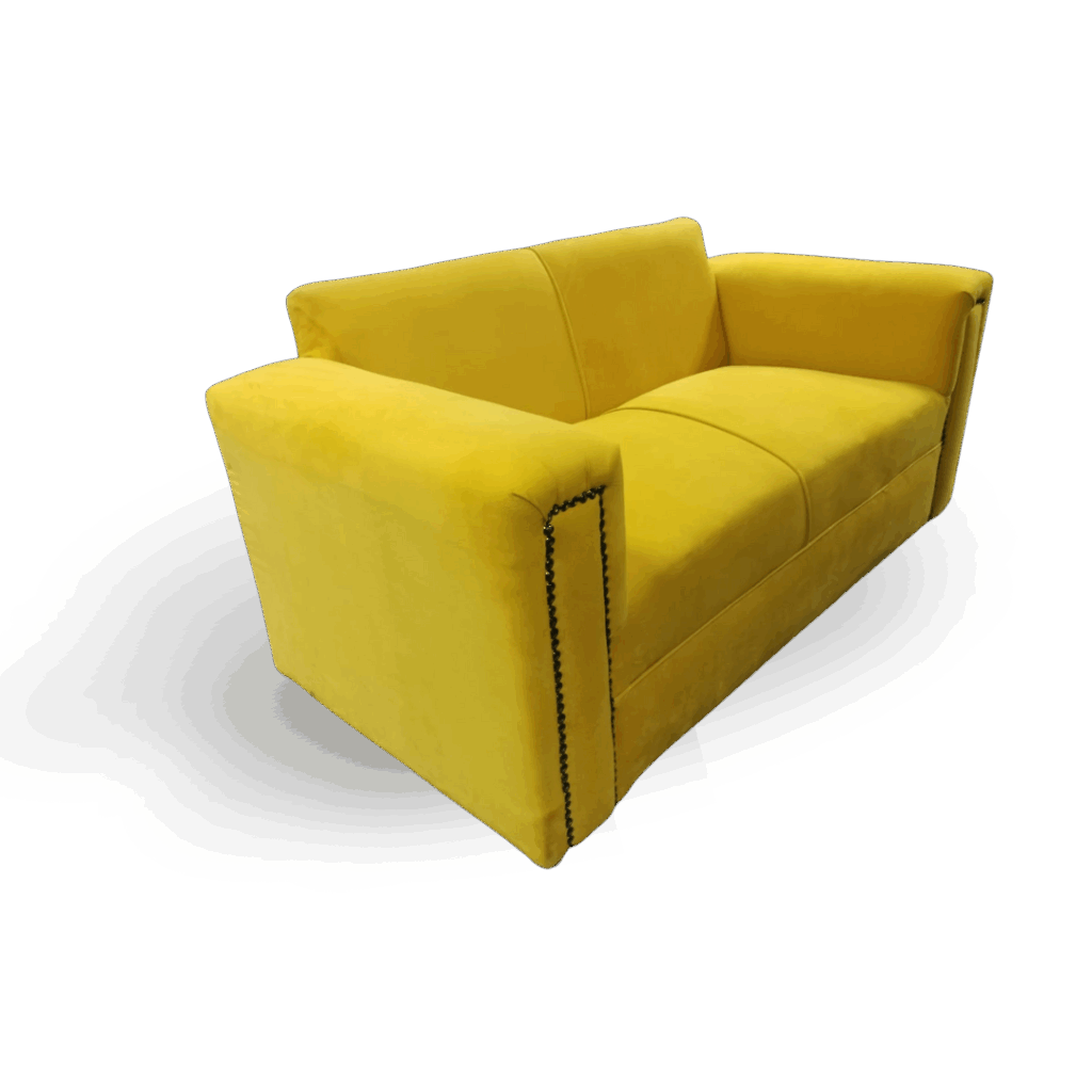 Bright yellow two-seater sofa with smooth velvet upholstery and black stud detailing along the arms.