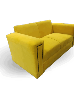 Bright yellow two-seater sofa with smooth velvet upholstery and black stud detailing along the arms.