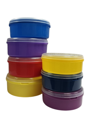 Assorted colorful plastic storage containers with lids for food storage and organization