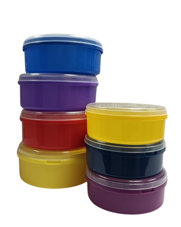 Assorted colorful plastic storage containers with lids for food storage and organization